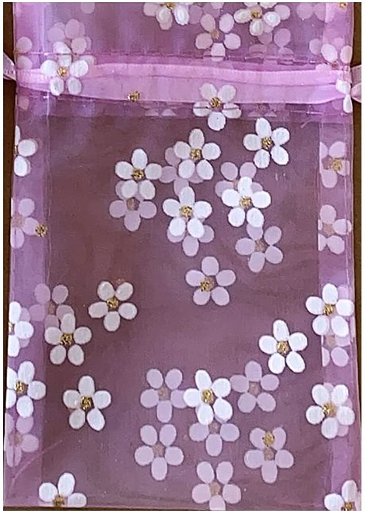 母の日 ラッピング 巾着袋 10枚 オーガンジー 花柄 ギフト 包装( パープル, 16x23cm)