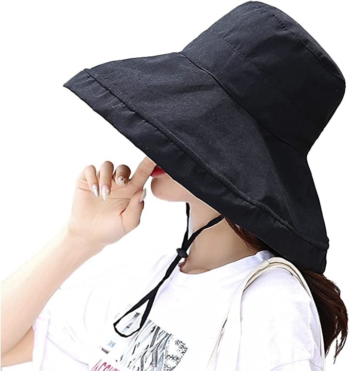 日焼け防止 レディースハット UVカット帽子 紫外線カット つば広 大きいサイズ 折りたたみ ブラック