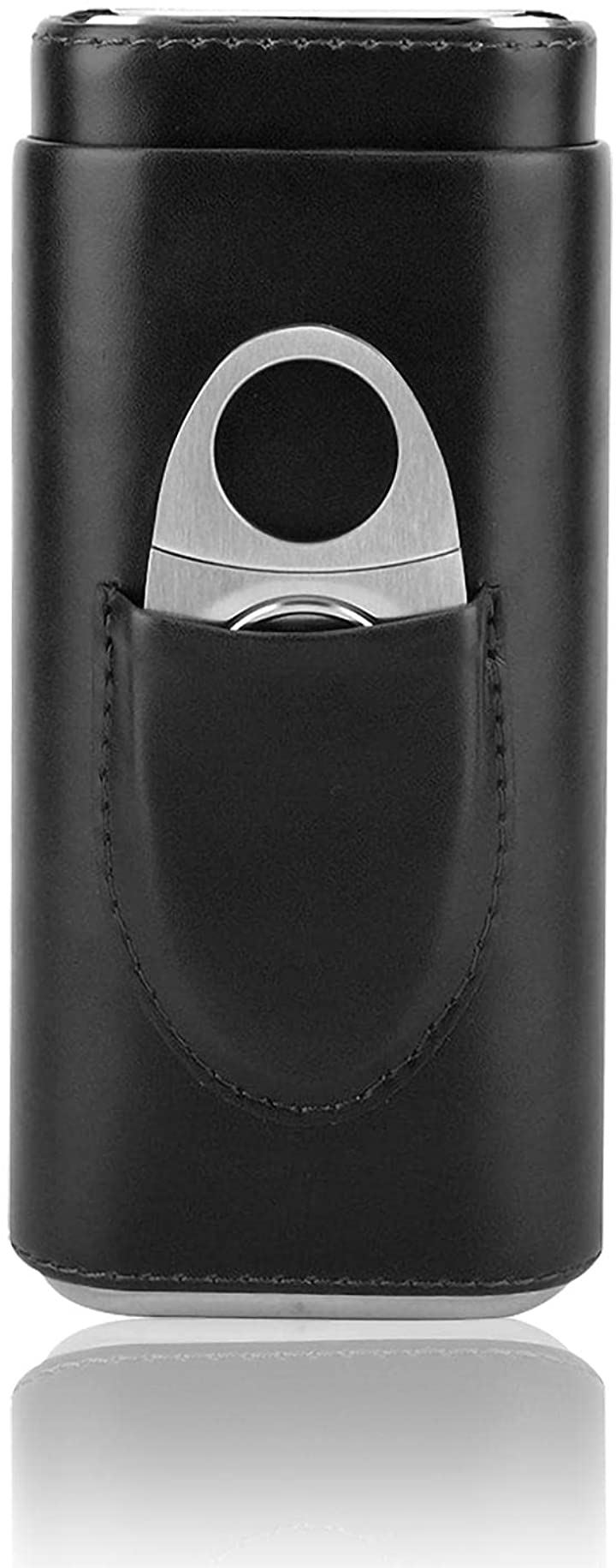 シガーケース シガーカッター付き レザー 葉巻 軽量 ステンレス セット 携帯 保管 喫煙具( ブラック)