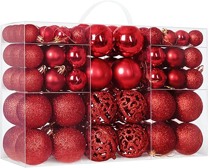 クリスマスボール 100個豪華セット クリスマスオーナメント3-6cmサイズ10種類含む クリスマス用品 パーティー・イベント用品・販促品 おもちゃ おもちゃ・玩具・ホビー(レッド)