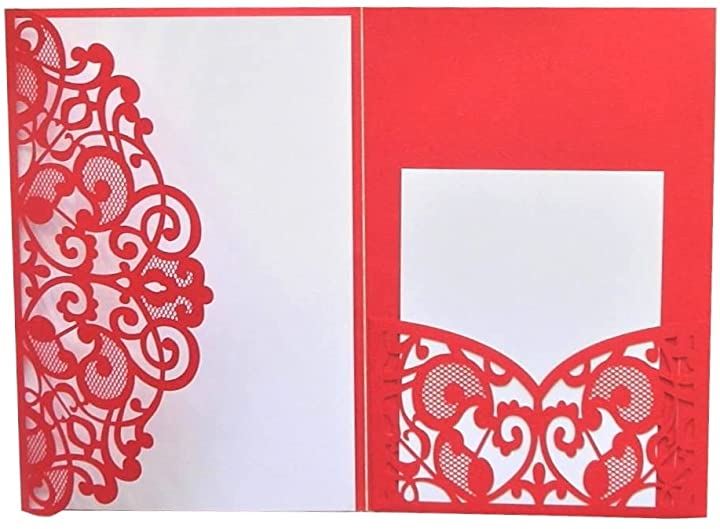 メッセージカード グリーティングカード レーザーカット ポケット付き 三つ折り レース風 封筒 結婚祝い( 赤)