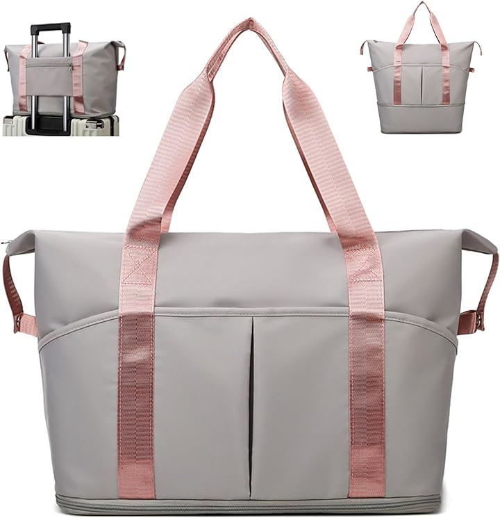 旅行バッグ シンプル 調整可 ボストンバッグ トラベルバッグ 旅行バック 旅行かばん 入院準備( グレー/ピンク)