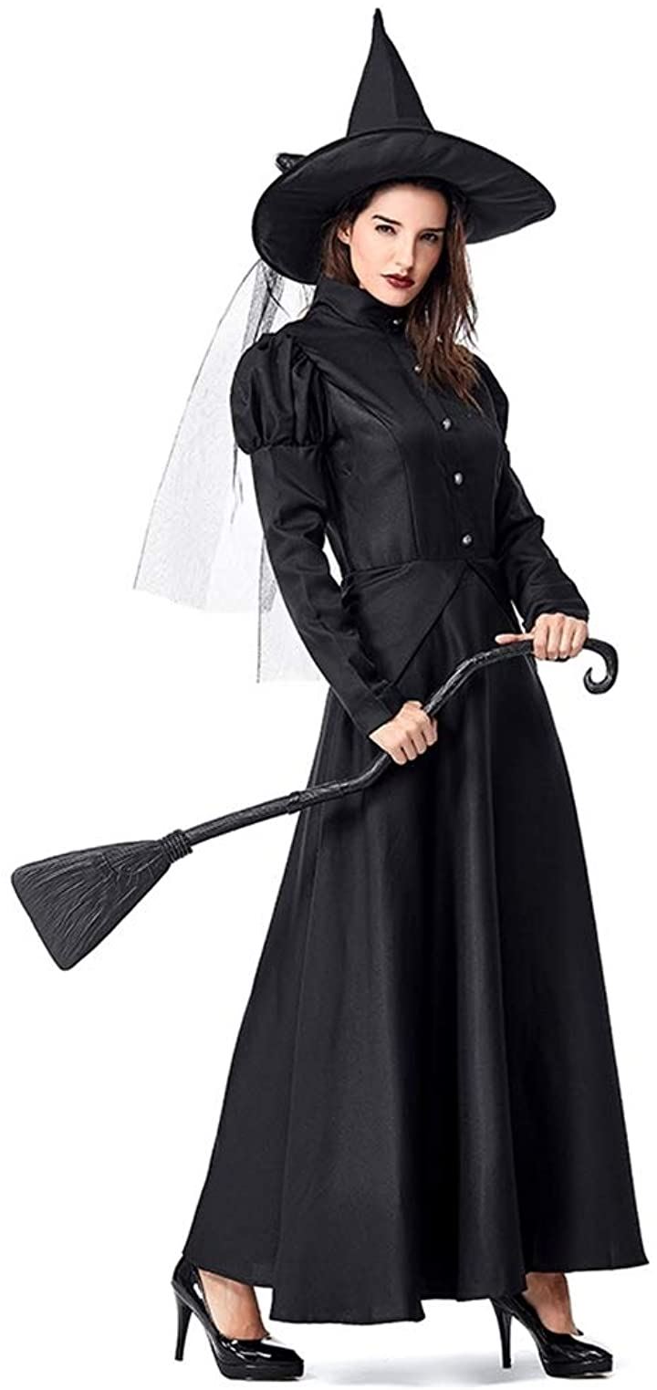魔女 クラシカル 本格 コスプレ ロングスカート ブラック ドレス 黒魔女 ハロウィン 魔法使い ウィッチ 魔女の帽子 タトゥーシール付き