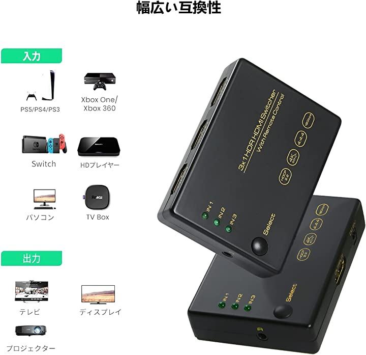 HDMI 切替器 2.0 分配器 3入力1出力 4K@60Hz HDCP2.2 HDR リモコン付き