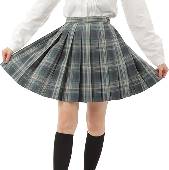 プリーツスカート チェック柄 ミニ スクールスカート 学生服( ネイビーグリーン, XL)
