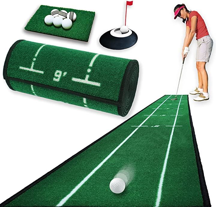 パターマット 9点セット アプローチも練習できる パター練習マット ゴルフ パターカップ GOLF 練習用ネット・マット トレーニング用具 スポーツ・アウトドア(緑)