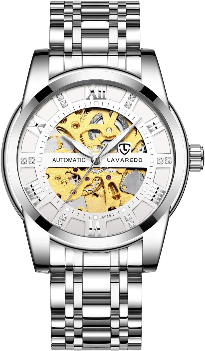 腕時計 メンズ腕時計 機械式 スケルトン シルバース テンレススチール 高級 防水( 12.シルバーホワイト)