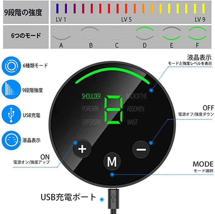 EMS腹筋ベルト 液晶 コントローラー USB充電 6モード 9段階調節 お腹