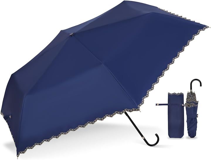 母の日 日傘 折りたたみ傘 軽量 エレガントフリル刺繍 晴雨兼用 男女兼用 180g( クラシックネイビー)