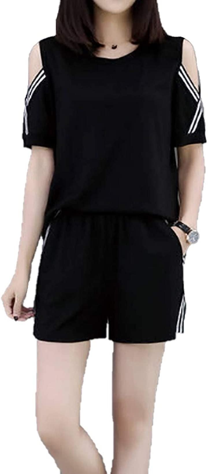 カナエルンレディース オフショルダー 半袖 ショートパンツ ライン 通気性 薄手 夏 通学 ルームウェア ファッション 黒白 セレブ リラックス ブラック Tシャツ ハーフ ジム ヨガ トレーニング(ブラック肩だし, XL（通常のMサイズ）)