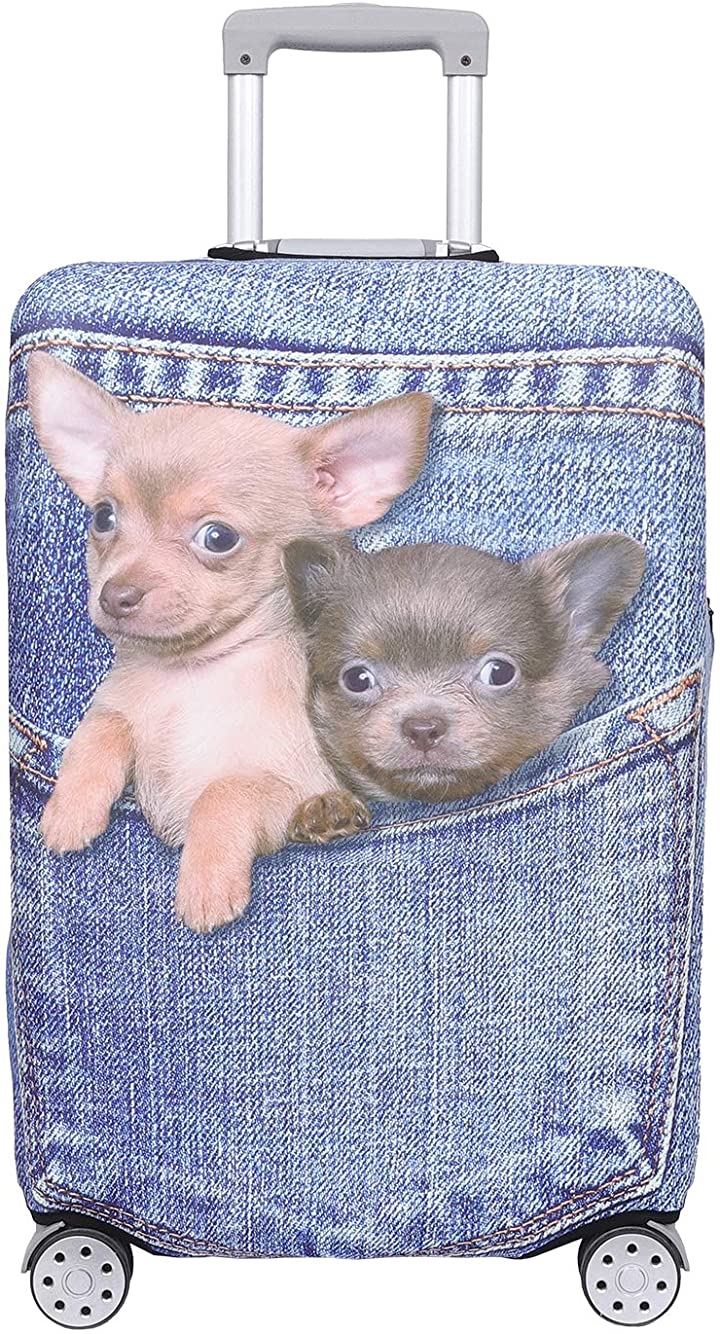 スーツケース 保護 カバー かわいい イヌ ネコ デニム トランクケース 伸縮 MDM( 犬・ チワワ（ブルー）, M)