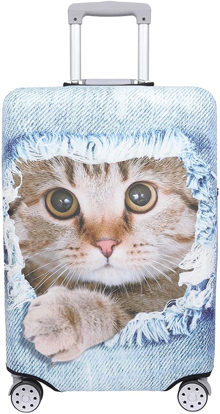 スーツケース 保護 カバー かわいい イヌ ネコ デニム 伸縮 旅行 MDM( 猫・ 茶トラ（ライトブルー）, XL)