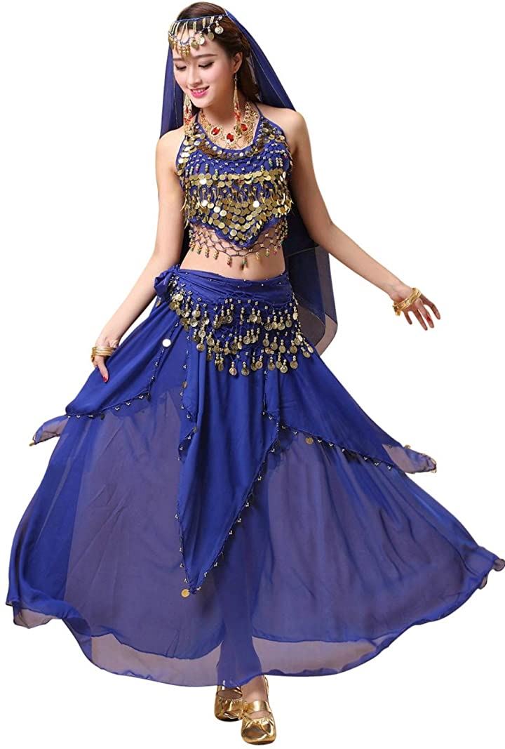 ベリーダンス 衣装 4点 インドダンス アラブ 女王 アラジン コスプレ 民族衣装 イベント( ダークブルー)