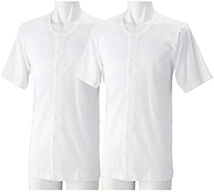 介護肌着 プラスチック ホック 2枚組 前開き 男性 半袖 7分袖 らくらく肌着( 白・半袖, M)