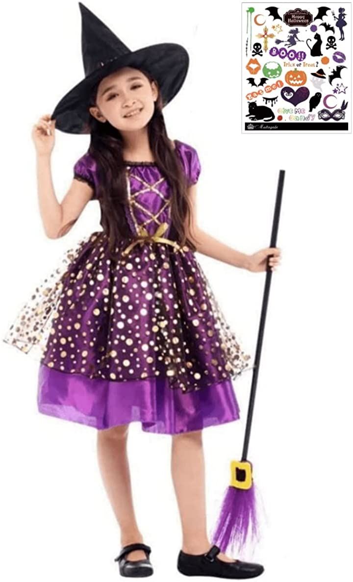 魔女っ子 キラキラ 衣装 魔法使い ウィッチ コスプレ ハロウィン タトゥーシール付き 2点セット キッズコスチューム 女の子 S706