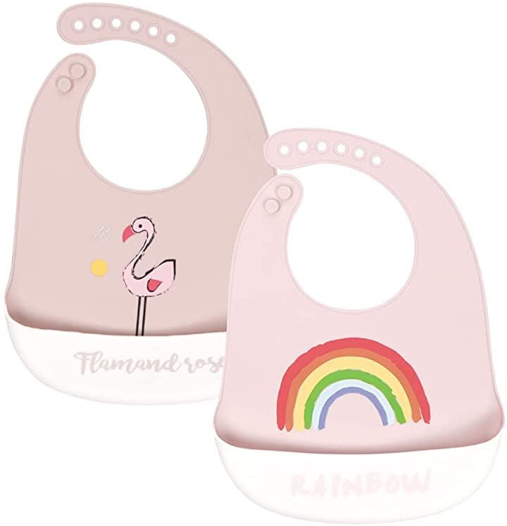 シリコン スタイ 食事 男の子 女の子 2枚 セット 防水 赤ちゃん エプロン 保育園 虹( フラミンゴ 虹)